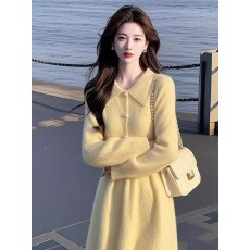 批发时尚气质优雅polo领黄色<b class='q'>钉珠</b><b class='q'>连衣裙</b>小众超好看裙子收腰显瘦长裙女