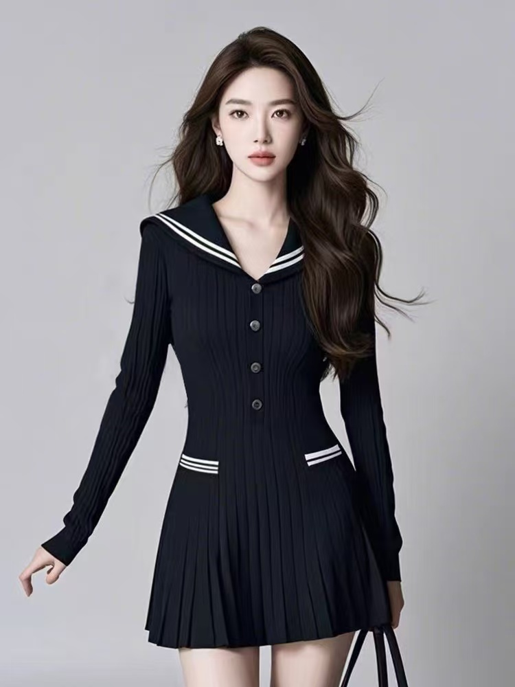 MY15054# 法式黑色海军领针织连衣裙新款名媛高端小洋装毛衣裙子女裝貨...