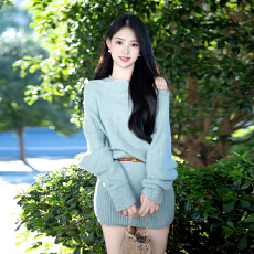 批发韩国莱克茵蓝色一字领斜肩针织毛衣连衣裙小个子心机<b class='q'>夜店</b>OL超短裙