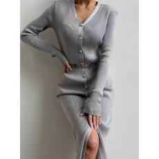 批发配腰带法式针织连衣裙V领单排纽扣洋气毛衣长裙