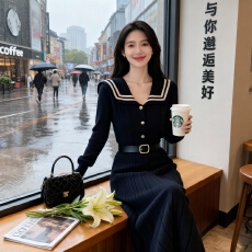 批发韩国海军风POLO领针织毛衣<b class='q'>连衣裙</b>女秋冬学院<b class='q'>名媛</b>风收腰高级感长裙