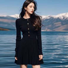 批发欧洲站赫本风小黑裙气质显瘦<b class='q'>百褶</b>针织毛衣连衣裙秋冬小个子打底裙