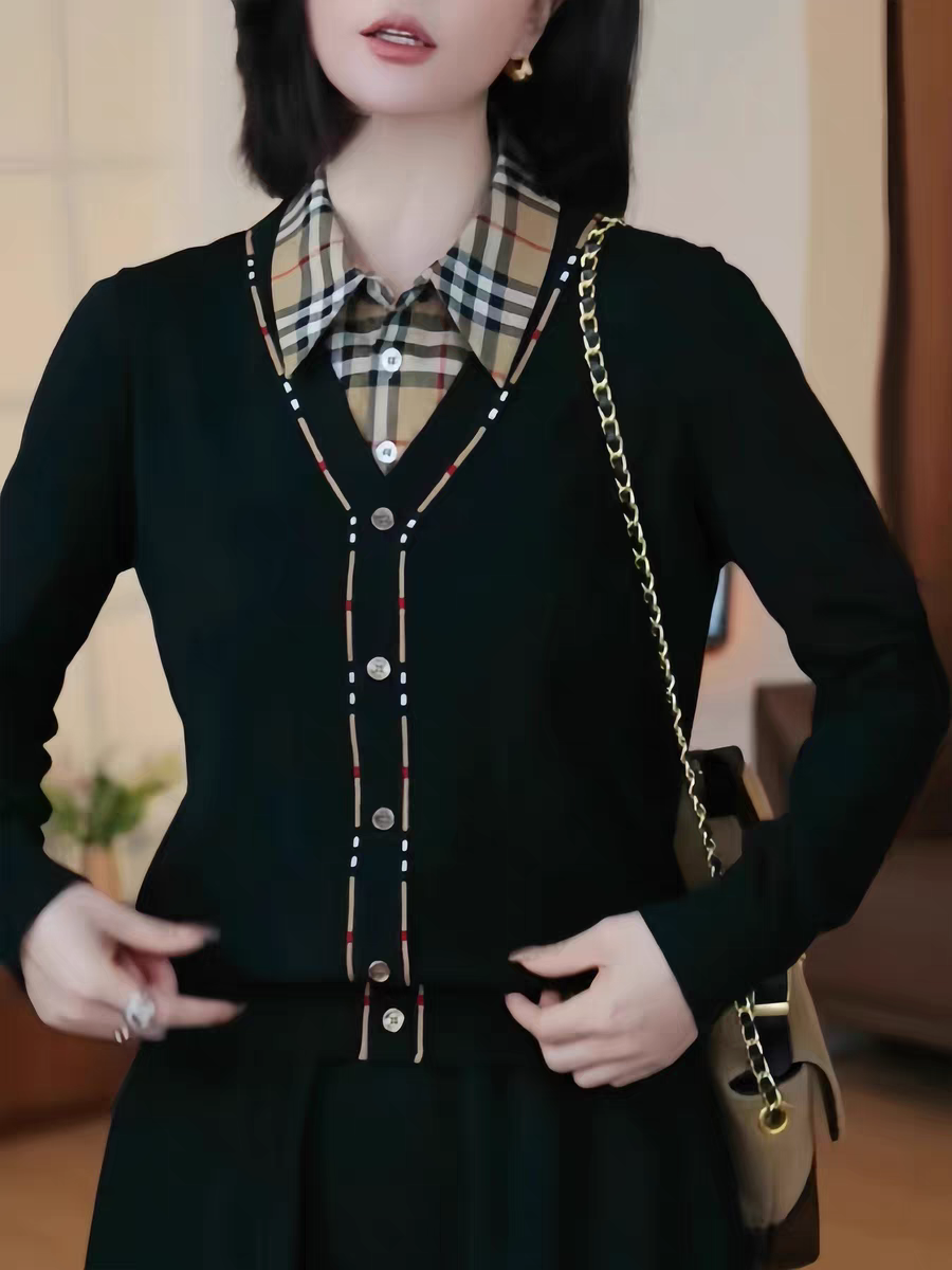 MY15779# 欧货时尚格纹翻领黑色毛衣针织开衫女秋冬新款复古高级显瘦上...