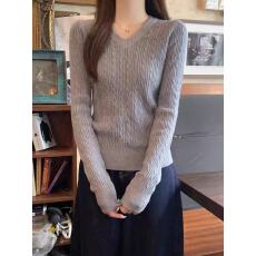 批发V领麻花灰色长袖针织衫女秋季修身内搭毛衣韩系chic显瘦打底上衣