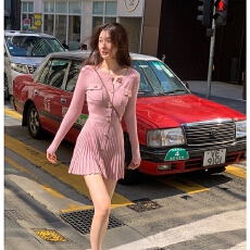 批发粉色圆领小香针织<b class='q'>连衣裙</b>长袖气质收腰显瘦a字百褶裙子