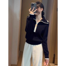 批发撞色半拉链大翻领针织衫秋季2025新款慵懒风百搭减龄显瘦套头毛衣