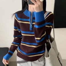 韩版拼色条纹半拉链立领羊毛针织衫女欧洲站秋冬显瘦百搭减龄毛衣