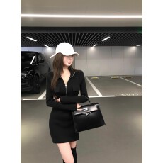 批发韩国修身显瘦口袋拉链裙紧身长袖气质针织连衣裙<b class='q'>休闲</b>毛衣短裙子