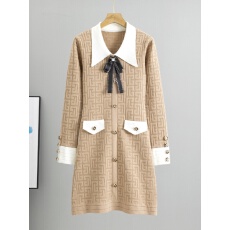 批发<b class='q'>韩国</b>气质女神范法式翻领蝴蝶结2025秋冬季长袖收腰针织连衣裙温柔