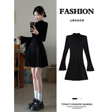 批发<b class='q'>韩国</b>黑色针织连衣裙女秋冬季短款内搭打底伯克利裙子厚黑穿搭冬装