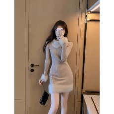 批发韩国丹茵茵卡其色毛边领针织毛衣连衣裙秋冬法式轻熟风打底包臀裙