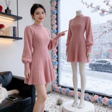 韩国仿貂毛温柔风针织连衣裙秋冬小个子高级感加厚收腰显瘦毛衣裙