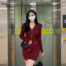 批发红色打底针织毛衣连衣裙女秋冬气质小香风<b class='q'>OL</b>小个子内搭本命年<b class='q'>女装</b>