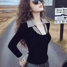 批发小香风<b class='q'>条纹</b>拼接假两件针织<b class='q'>打底衫</b>女2025新款秋冬修身内搭别致上衣