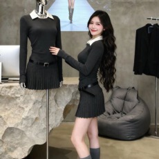 批发韩系小个子超好看假两件衬衫针织连衣裙25冬季独特漂亮掐腰小裙子