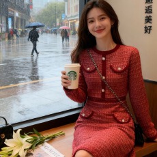 批发韩国<b class='q'>小香风</b>红色针织<b class='q'>连衣裙</b>女2025秋冬新款显瘦高级感小个子毛衣裙