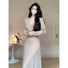 批发法式V领交叉扭结针织<b class='q'>连衣裙</b>女秋冬小香风收腰长裙大衣内搭<b class='q'>打底裙</b>