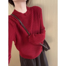 批发韩系chic圆领毛衣女2025秋冬季坑条加厚<b class='q'>宽松</b>内搭慵懒风针织衫上衣