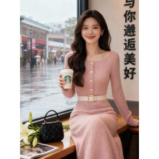 批发韩国温柔风粉色针织<b class='q'>连衣裙</b>女2025秋冬收腰气质女神范高级感长裙子