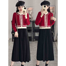 批发韩国针织拼接连衣裙女秋冬新款洋气显瘦小香风百褶裙优雅显高长裙