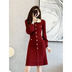 批发法式小香风红色针织连衣<b class='q'>裙</b>女秋冬2026新款高级感气质<b class='q'>长袖</b>内搭<b class='q'>裙</b>子