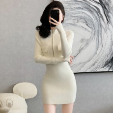 批发<b class='q'>韩国</b>修身显瘦口袋拉链裙紧身长袖针织连衣裙秋冬季休闲毛衣打底裙