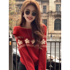 批发多巴胺红色提花翻领<b class='q'>长袖</b>厚毛衣女春装外穿软糯针织套头上衣