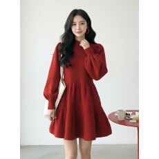 批发韩国巨好看的女装2026春装新款穿搭新年战袍元旦红色针织连衣裙