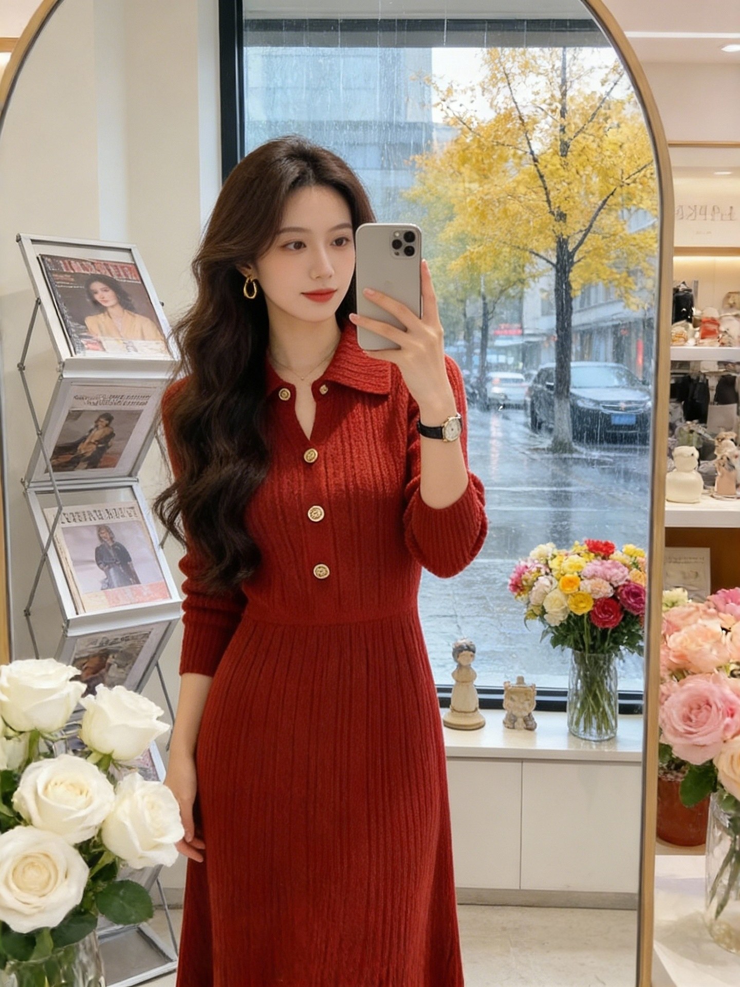 MY16900# 韩国红色针织连衣裙新款设计感显瘦赫本风气质长裙女裝貨源服...