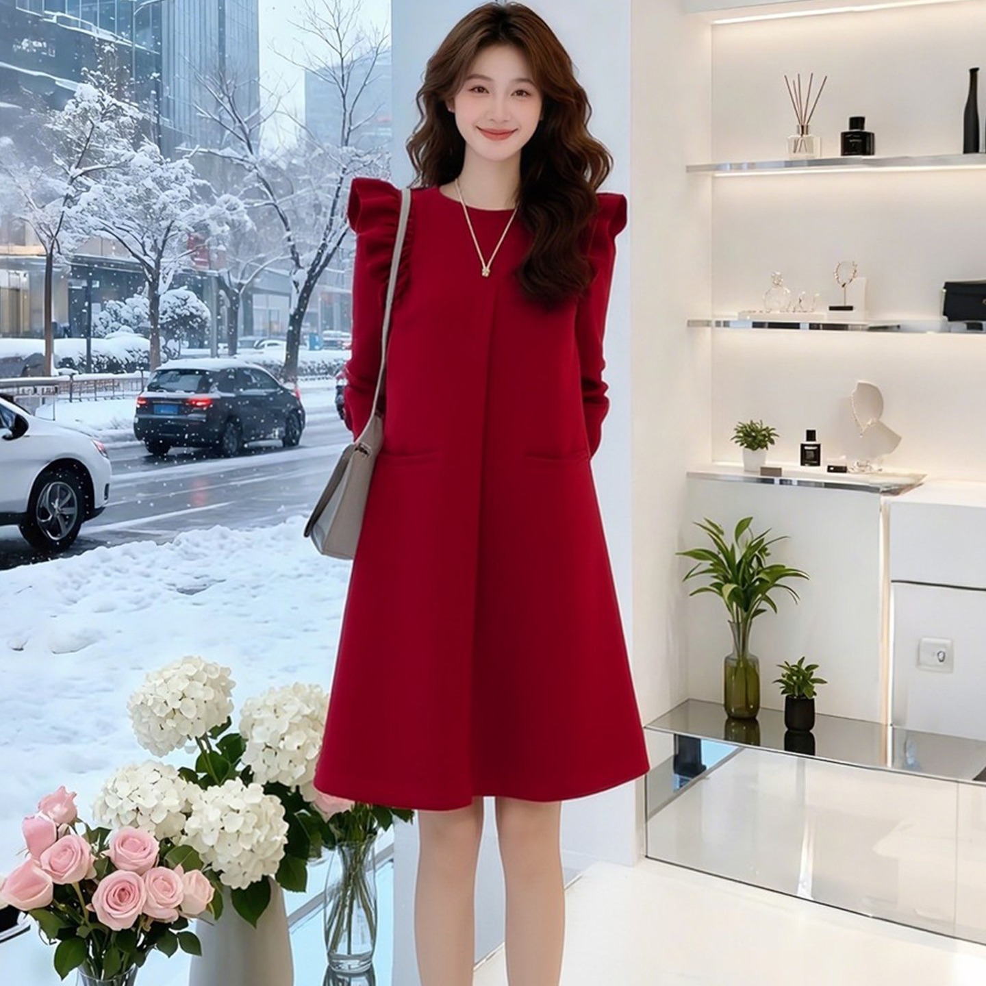 MY16899# 韩国新款新年战袍红色优雅简约风连衣裙女通勤百搭圆领中长裙...