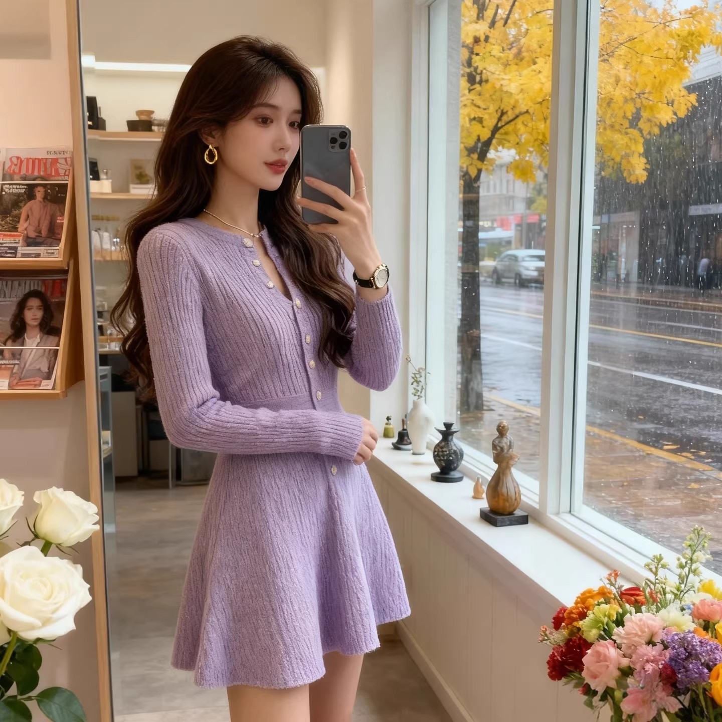 MY16901# 温柔风紫色V领针织连衣裙女新款设计感收腰A字短裙小个子女...