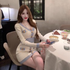 批发蓝色V领针织长袖连衣裙女春秋新款法式娇欲千金气质显瘦<b class='q'>包臀</b>裙