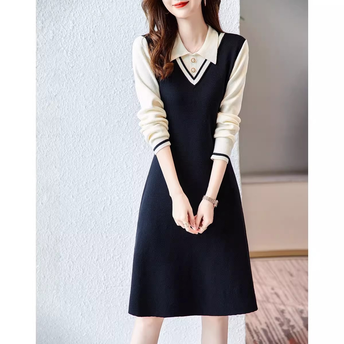 MY16904# 新款娃娃领撞色拼接针织连衣裙气质显瘦打底毛衣裙女裝貨源服...