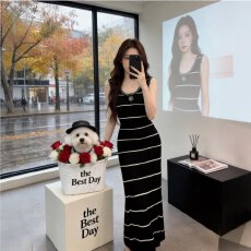 批发韩国2026早春条纹撞色弹力针织无袖背心连衣裙女夏OL内搭打底长裙