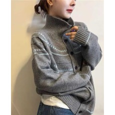 批发韩系新款单排扣设计感长袖针织衫早春时髦百搭撞色<b class='q'>羊绒</b>毛衣外套