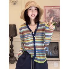 批发彩色条纹V领长袖针织防晒<b class='q'>开衫</b><b class='q'>女</b>2026新款夏季外搭宽松冰丝薄上衣