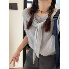 批发早春<b class='q'>韩版</b>圆领短袖<b class='q'>针织衫</b>披肩两件套设计感减龄上衣女