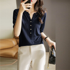 批发气质短袖t恤女针织开衫精纺羊毛上衣半袖夏季新款打底衫<b class='q'>薄</b>款宽松