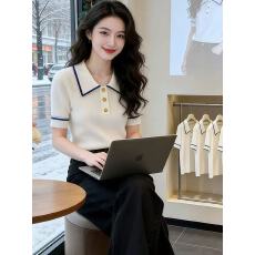 批发2026夏季新款翻领时尚短袖洋气毛针织衫女气质修身显瘦高级感上衣