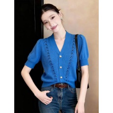 批发高级感克莱因蓝镂空设计<b class='q'>针织</b>开<b class='q'>衫</b>女2026夏季新款小众独特别致上衣