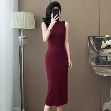 批发韩国紫红色半高领背心冰丝针织<b class='q'>连衣裙</b>女夏季气质法式长款OL包臀裙