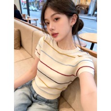 批发韩系甜美学院风杏色圆领条纹短袖<b class='q'>针织衫</b>女春夏季穿搭内搭打底上衣