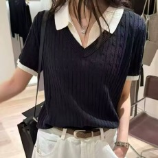 批发<b class='q'>欧洲站</b>2026春季<b class='q'>新款</b>欧货设计感poo领短袖假两件花针织衫T恤上衣女