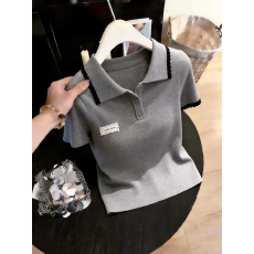 批发韩系学院风撞色翻领短袖薄款针织衫<b class='q'>女</b>夏季显瘦高级感上衣