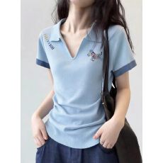 批发欧洲站高端2026夏季新款<b class='q'>女</b>装蓝色小马短袖针织高级感穿搭上衣欧货