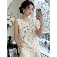 批发法式镂空圆领背心裙<b class='q'>女</b>夏宽松显瘦外穿海边度假风宽松叠穿无袖上衣