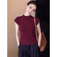 批发酒红韩式满钻闪耀半高领短袖针织T恤<b class='q'>女</b>2026夏季新款修身上衣
