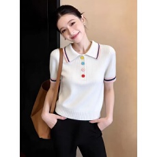 批发巨好看绝美小个子漂亮polo领撞色针织短袖<b class='q'>女</b>彩色扣子显瘦气质上衣