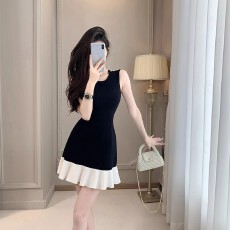 批发法式小香风黑色无袖针织连衣裙女夏季新款撞色荷叶边包臀鱼尾<b class='q'>裙子</b>