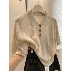 批发冰丝麻翻领针织短袖t恤女夏季气质通勤显瘦正肩休闲polo衫上衣